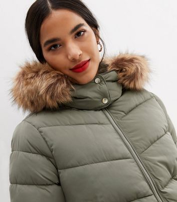 Olive green puffer coat with fur hood sale