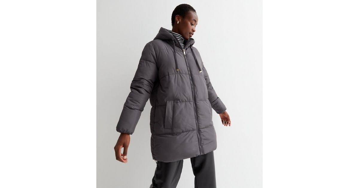 Tall Grey Mid Length Hooded Puffer Jacket | New Look