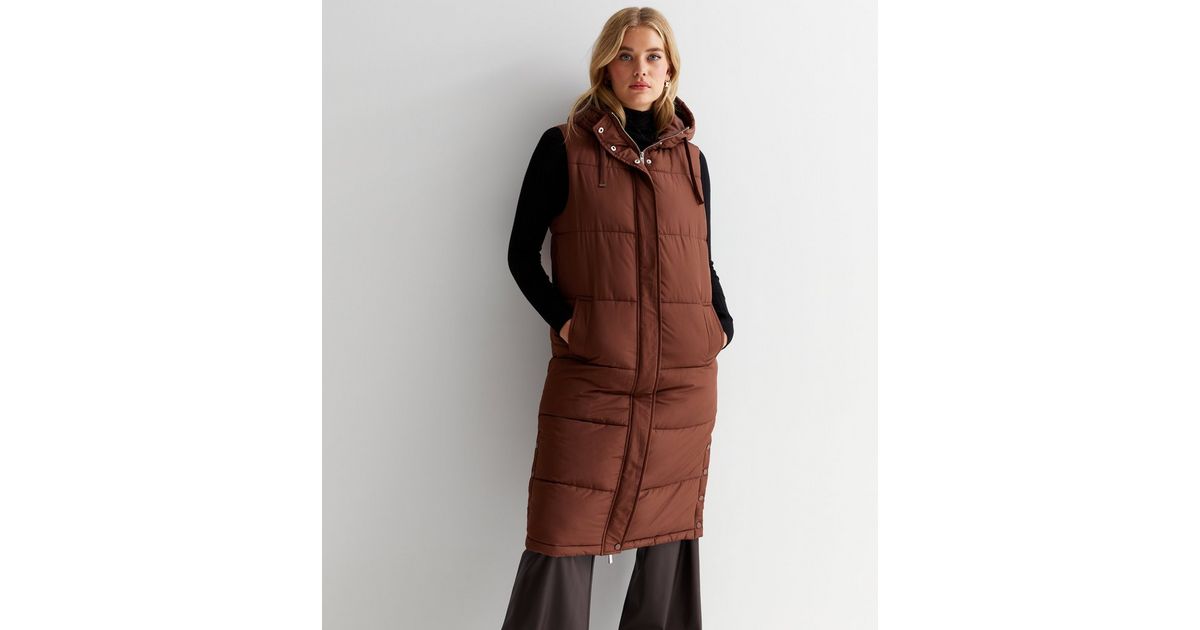 Tall Dark Brown Long Hooded Gilet New Look