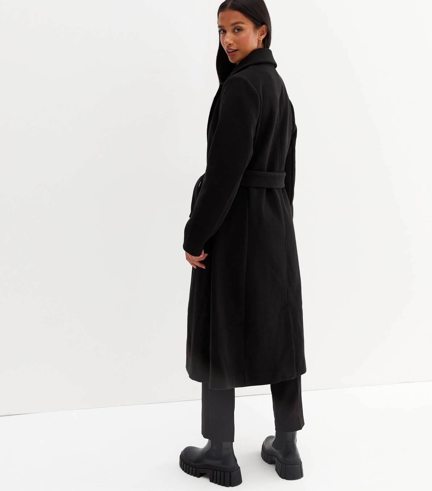 Petite Black Unlined Belted Long Coat Image 4