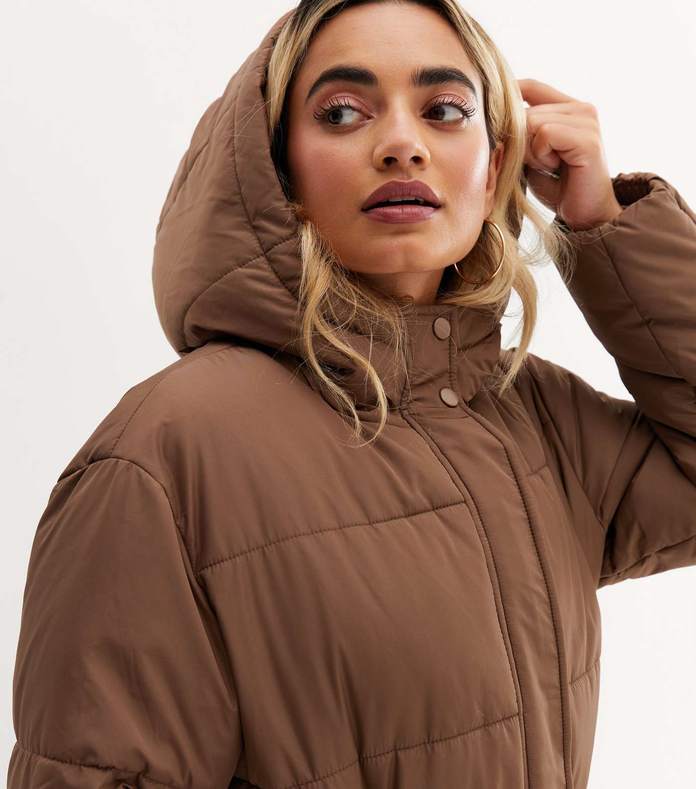 Petite Brown Hooded Long Belted Puffer Jacket Image 3