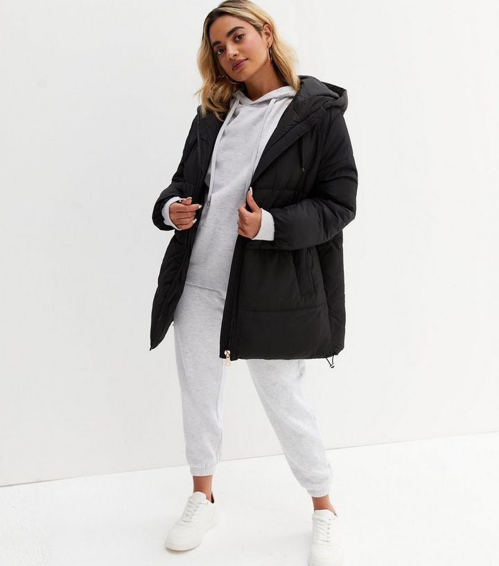 Petite Black Mid Length Hooded Puffer Jacket | New Look