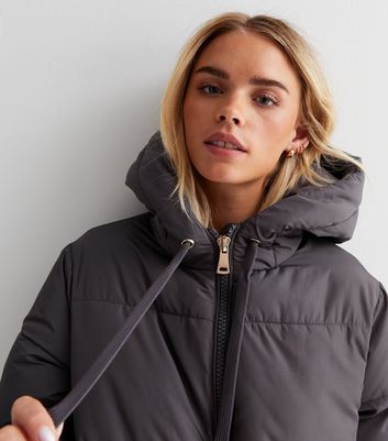 Petite Grey Mid Length Hooded Puffer 