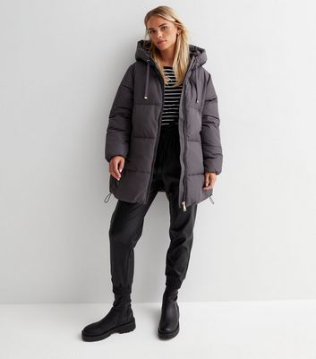 Petite Grey Mid Length Hooded Puffer 