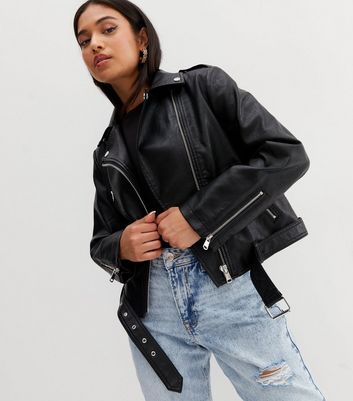 Petite Black Leather-Look Belted Biker Jacket
