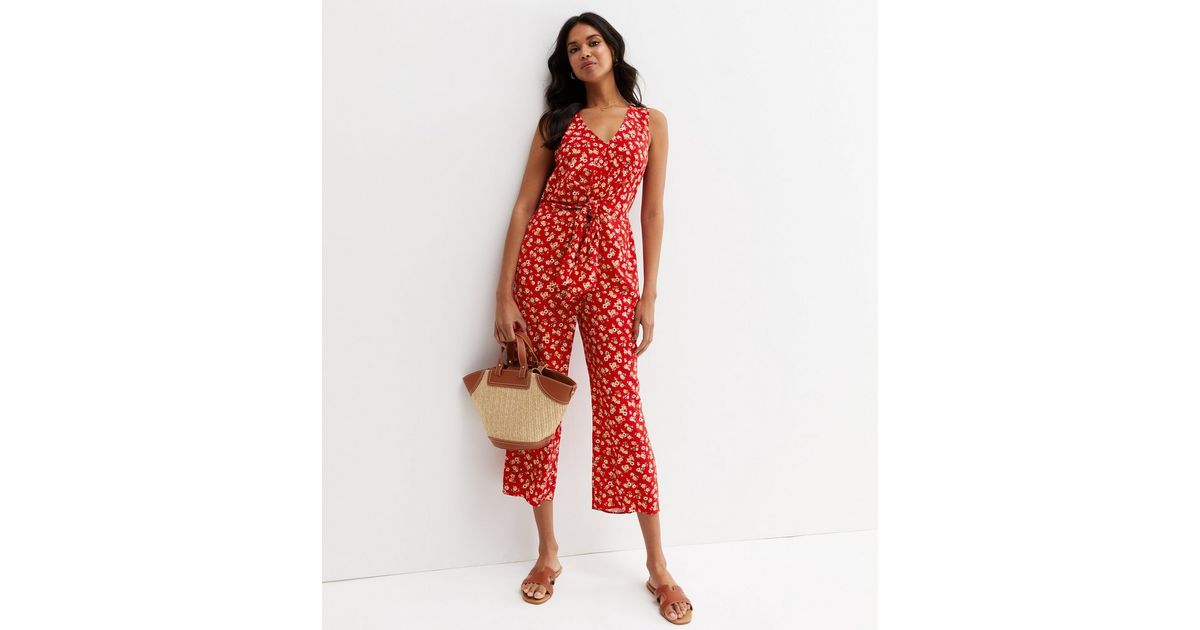 Red Ditsy Floral Tie Front Crop Jumpsuit New Look