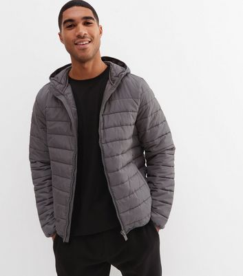 Men's Grey Long Sleeve Hooded Puffer Jacket New Look