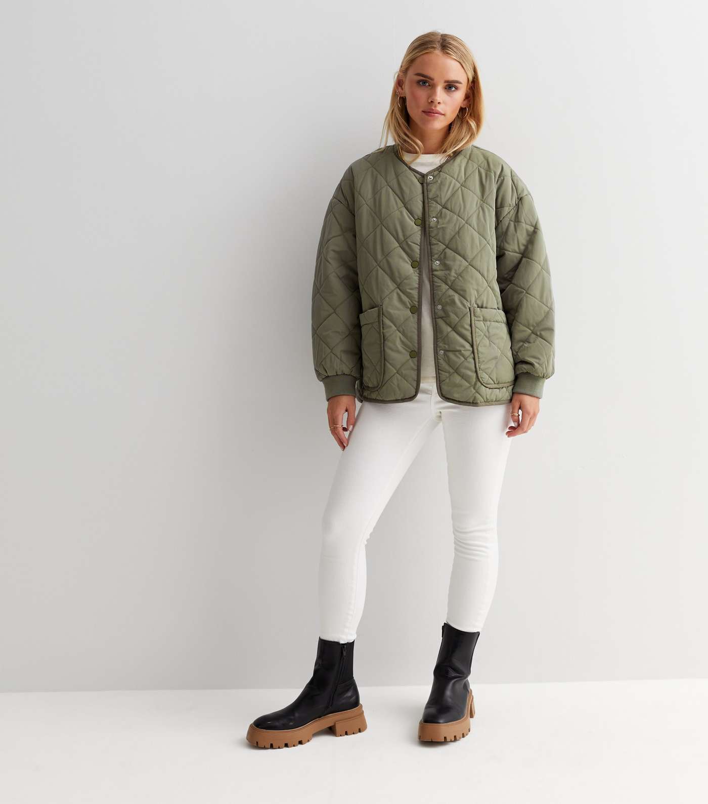 Petite Olive Quilted Collarless Jacket Image 2
