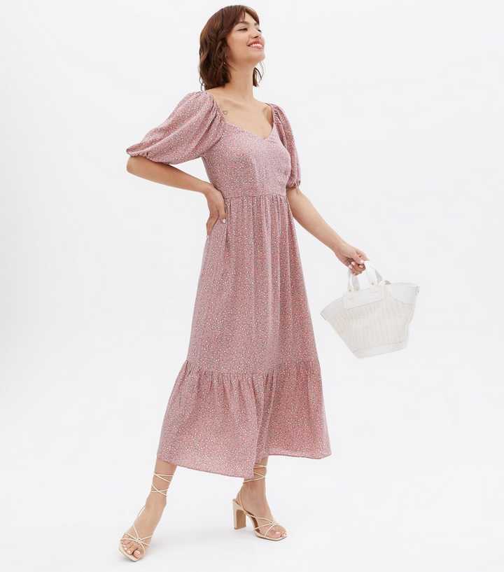 Pink Ditsy Floral Shirred Back Tiered Midi Dress