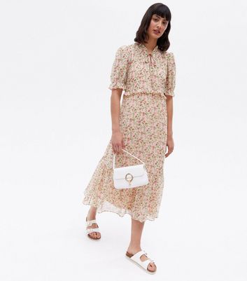 Off White Ditsy Floral Chiffon Frill Midi Dress | New Look