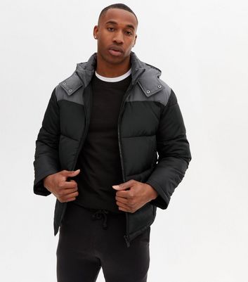 Black Colour Block Hooded Puffer Jacket