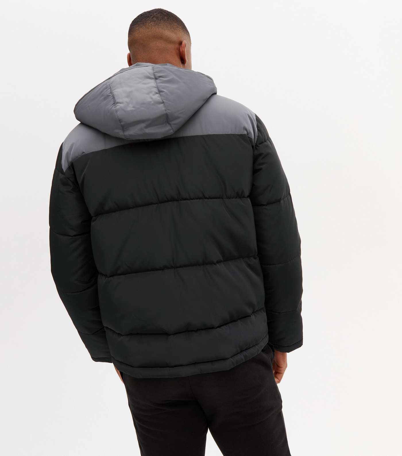 Black Colour Block Hooded Puffer Jacket Image 4