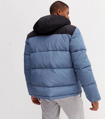 Blue Colour Block Hooded Puffer Jacket 