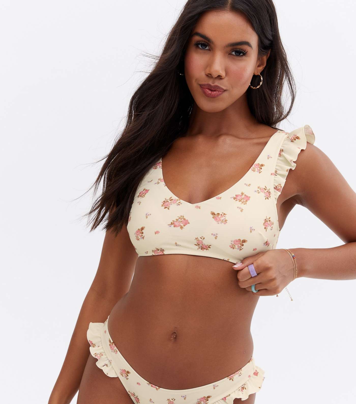 Off White Ditsy Floral Frill Crop Bikini Top Image 2