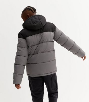 Boys Grey Colour Block Hooded Puffer Jacket New Look
