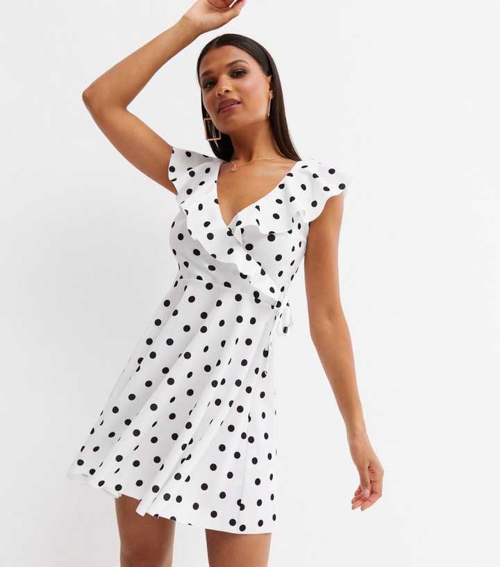 White Spot Scuba Crepe Frill Mini Wrap Dress