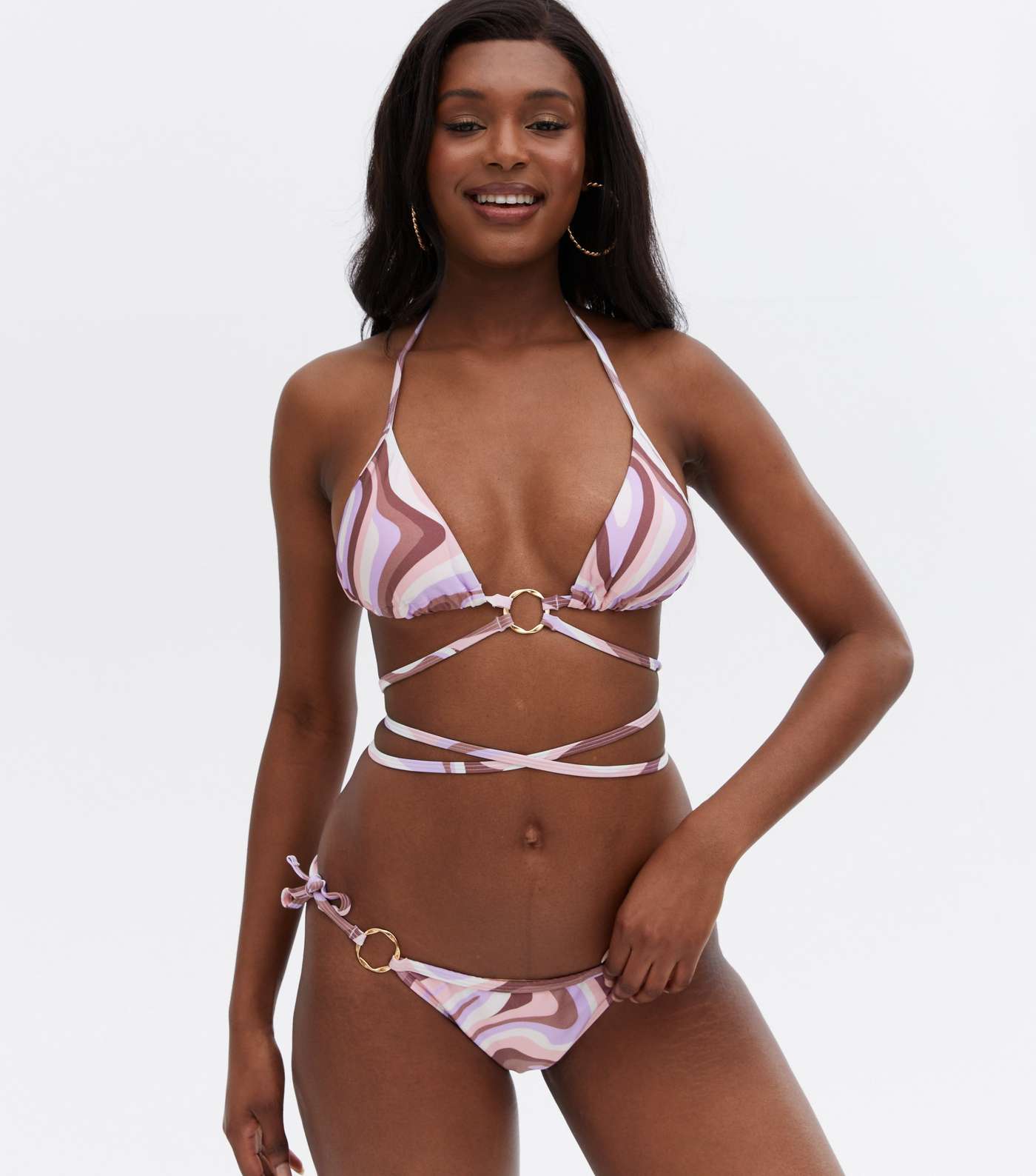 Pink Abstract Ring Strappy Triangle Bikini Top Image 2