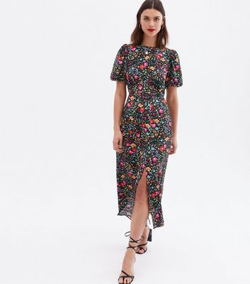 Black Floral Puff Sleeve Split Hem Midi 