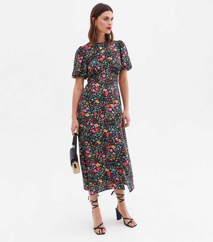 Puff Sleeve Split Hem Midi Dress