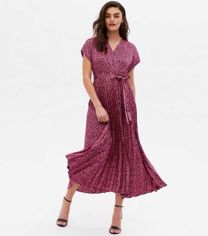 Pink Leopard Print Pleated Midi Wrap Dress New Look