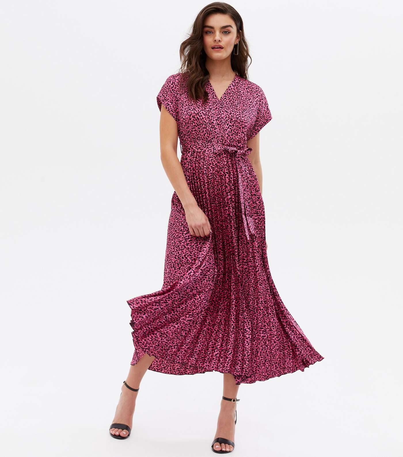 Pink Leopard Print Satin Pleated Midi Wrap Dress