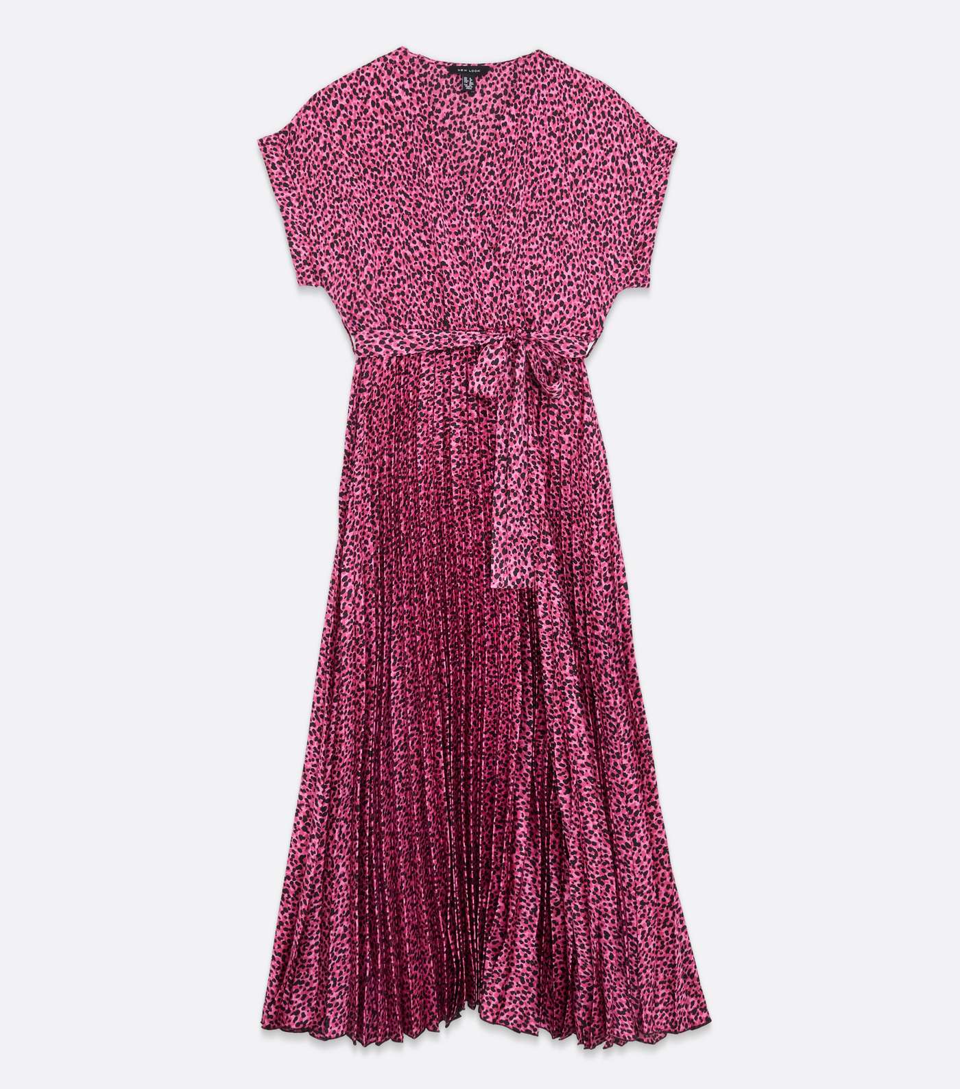 Pink Leopard Print Satin Pleated Midi Wrap Dress Image 5