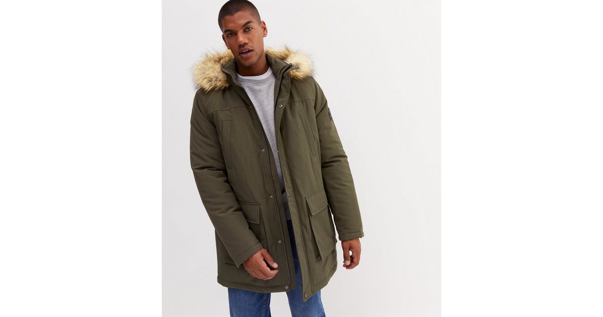 Khaki Faux Fur Trim Hooded Parka Jacket | New Look
