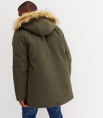 Men's Khaki Faux Fur Trim Hooded Parka Jacket New Look