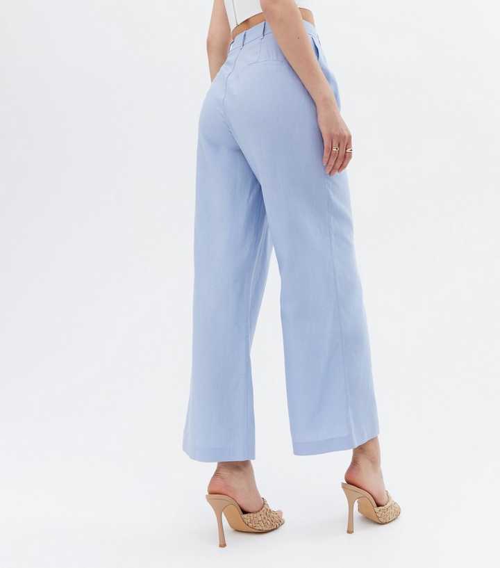 Buy Light Blue Linen Elasticated Wide Leg Formal Trouser Online