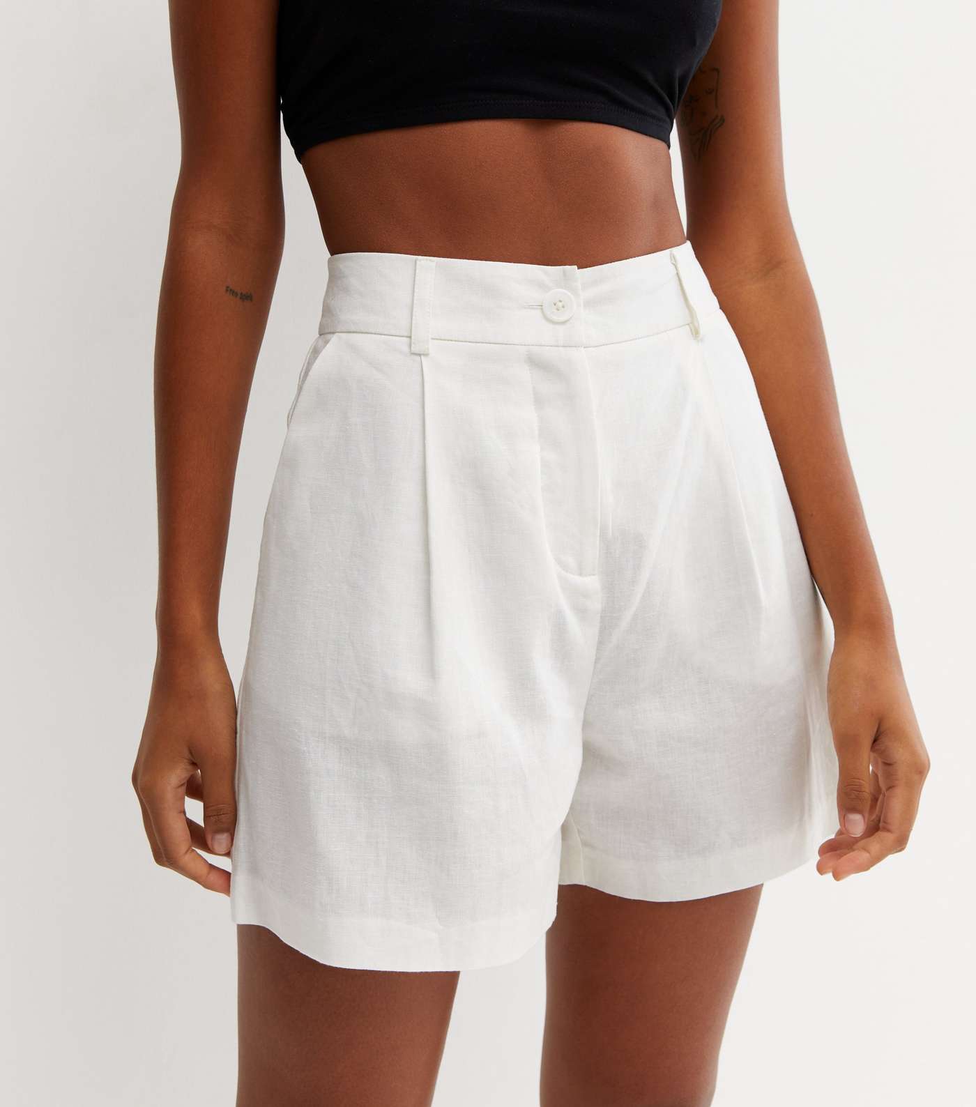 Off White Linen Blend Tailored Shorts Image 2