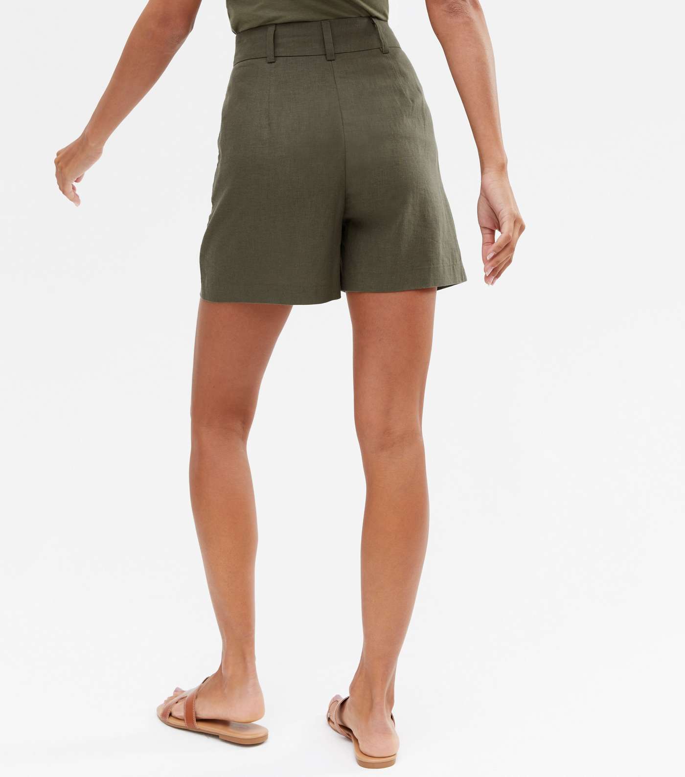 Khaki Linen Blend Tailored Shorts Image 4
