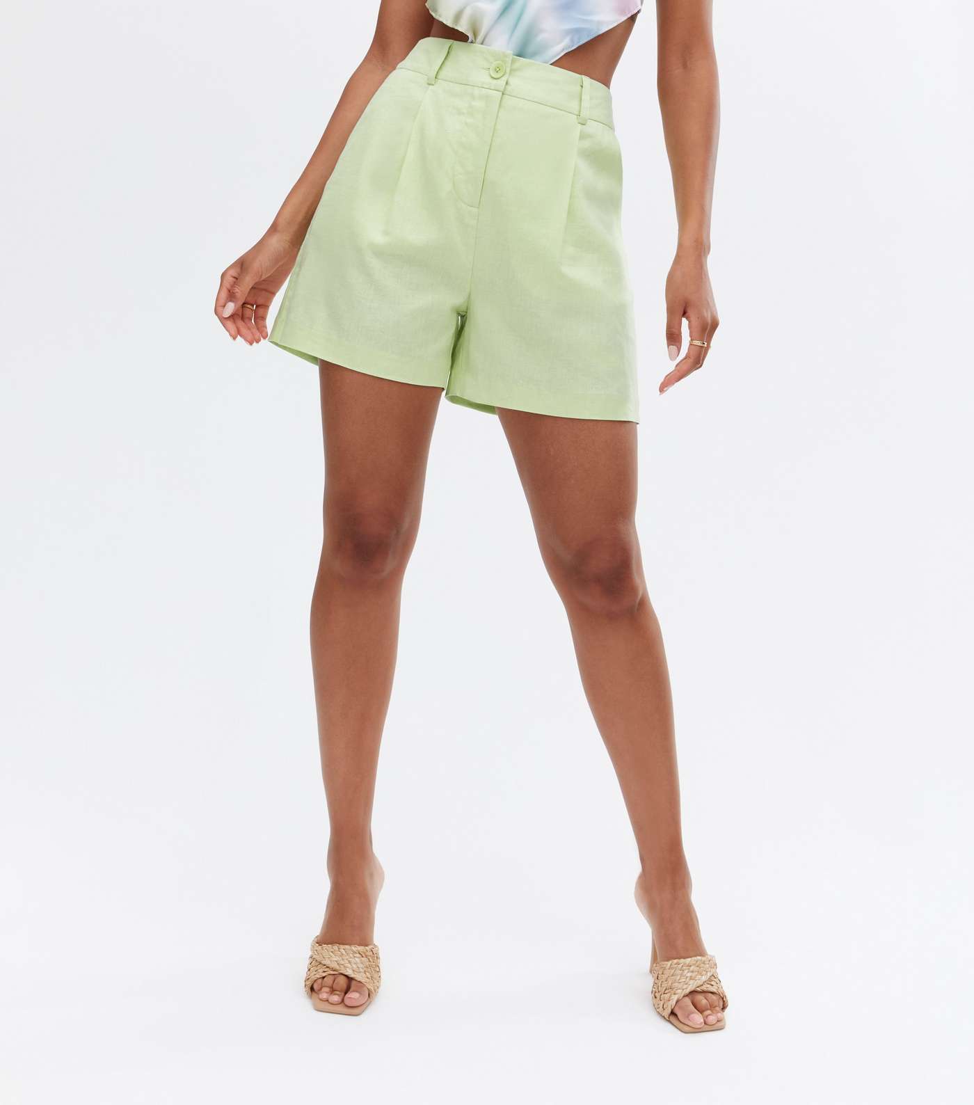 Light Green Linen Blend Tailored Shorts Image 2