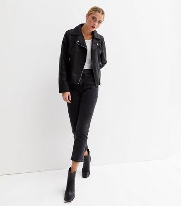 Black Quilted Leather-Look Biker Jacket 