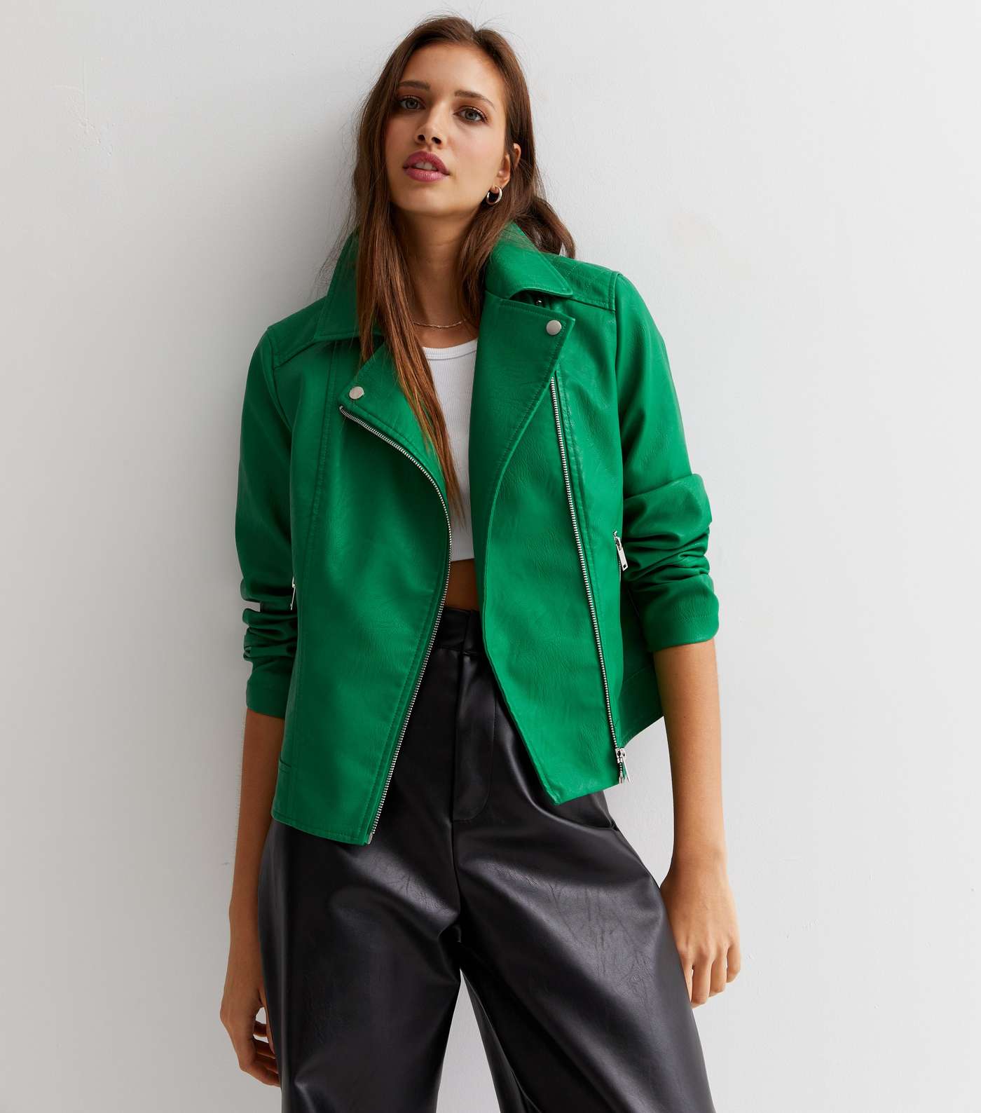Green Quilted Leather-Look Biker Jacket