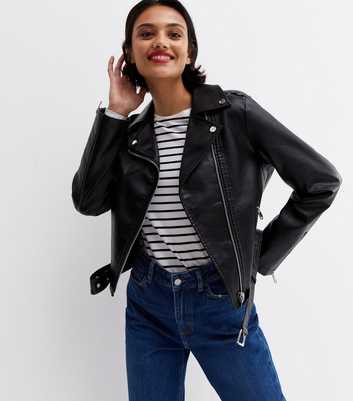 Black Leather-Look Belted Biker Jacket