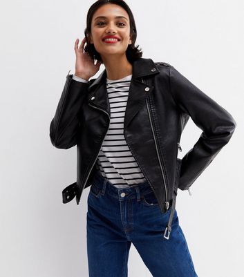 Black Leather-Look Belted Biker Jacket