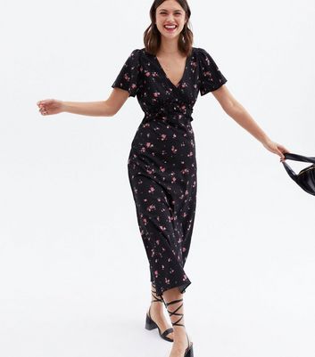 Black Floral Frill V Neck Midi Dress | New Look