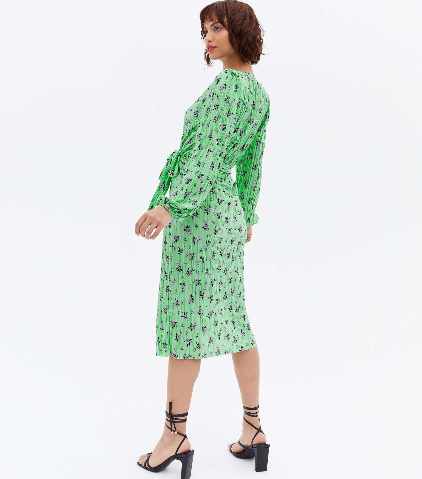 Green Ditsy Floral Plissé Belted Midi Wrap Dress Image 4
