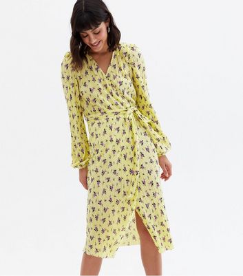 Yellow Ditsy Floral Plissé Belted Midi Wrap Dress