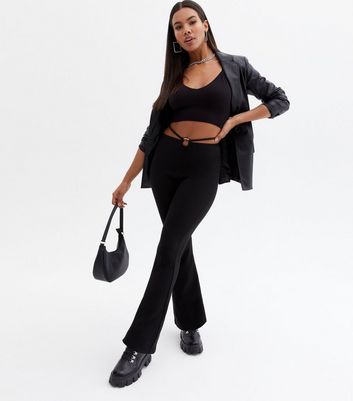 Black Ring Tie Strap Flared Trousers 