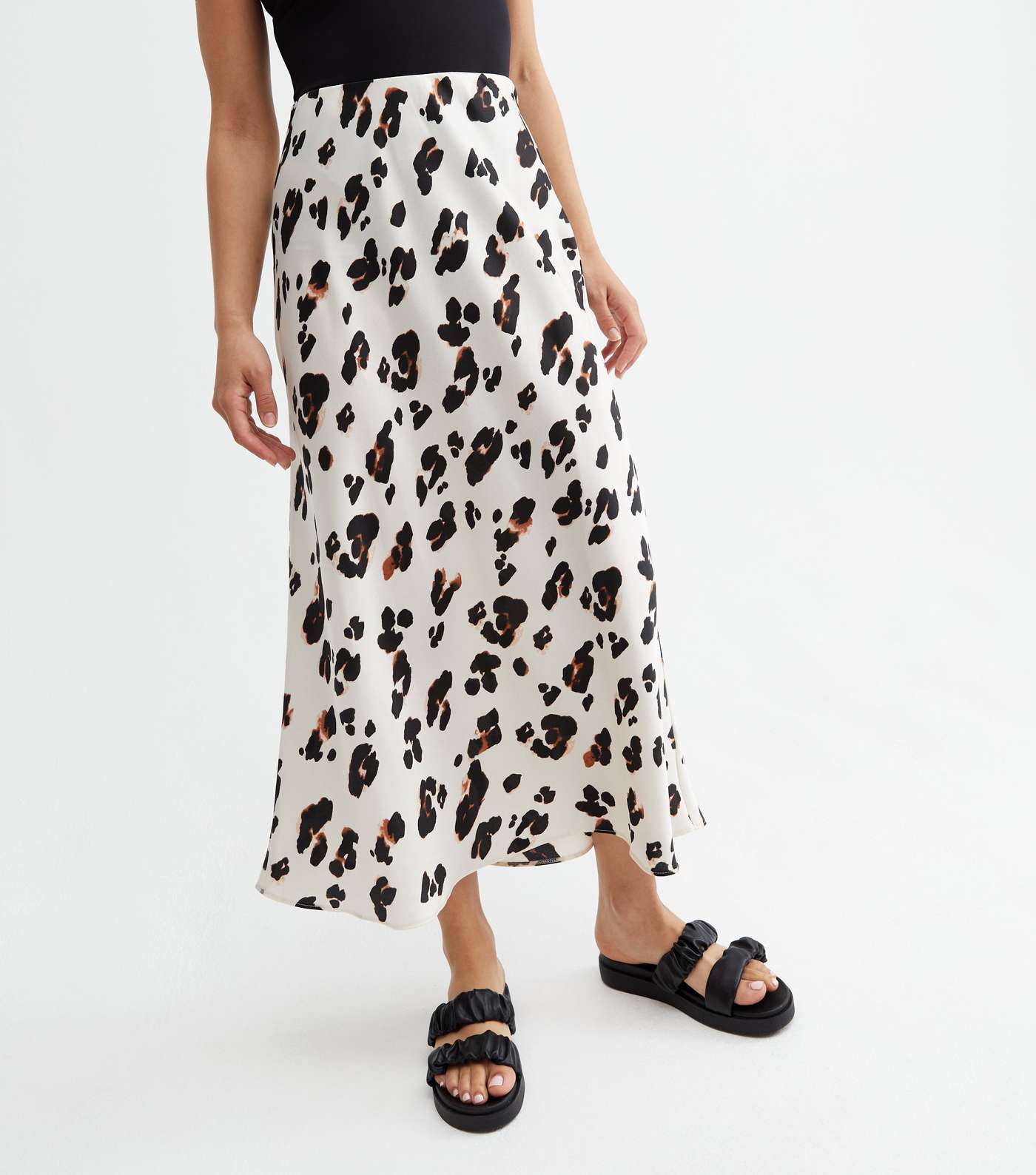 Off White Leopard Print Satin Bias Cut Midi Skirt Image 2