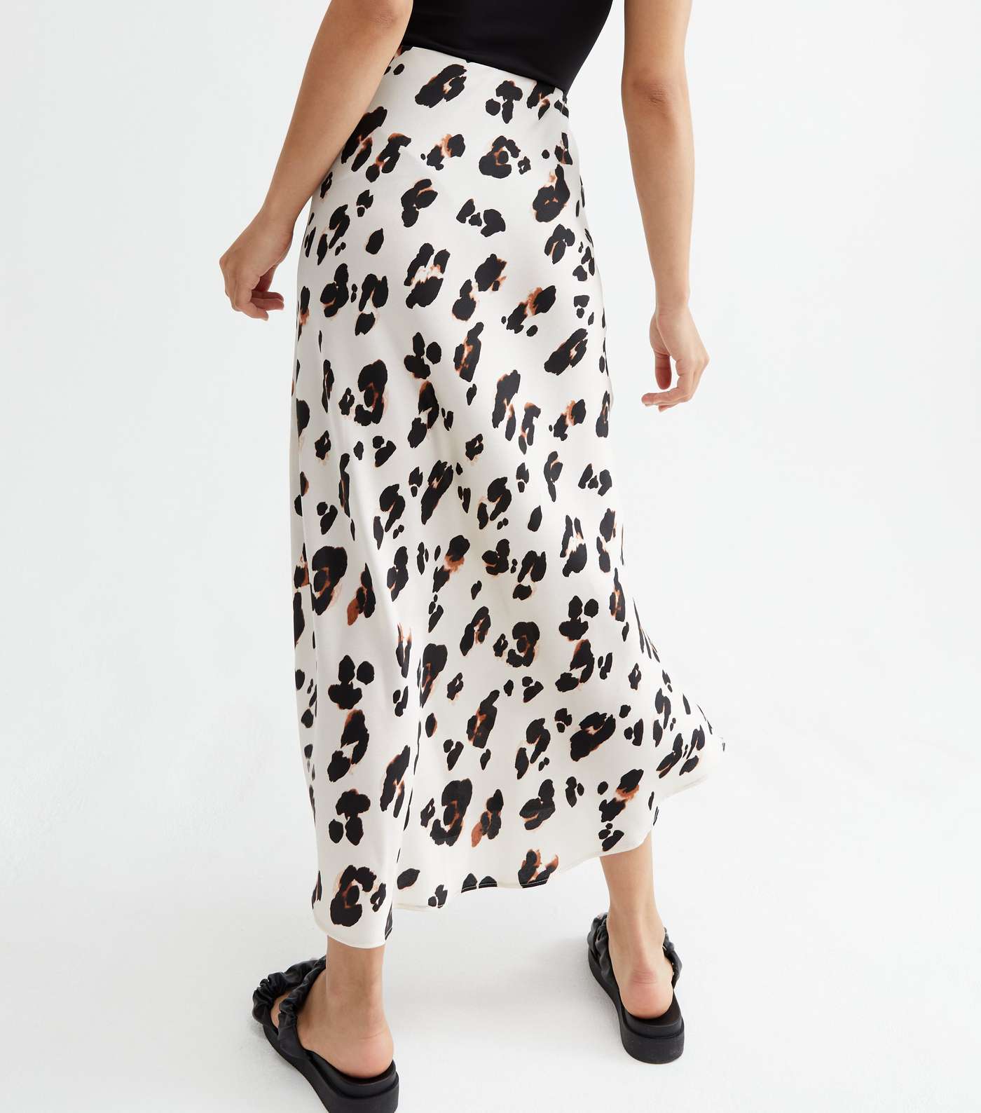 Off White Leopard Print Satin Bias Cut Midi Skirt Image 4
