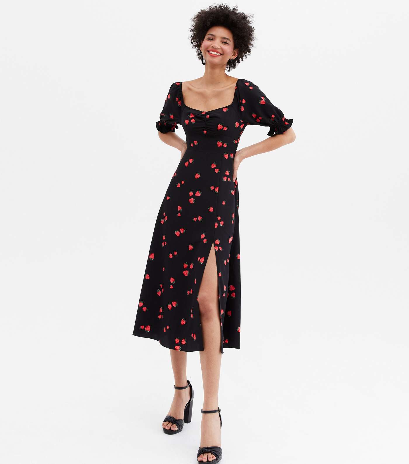 Black Strawberry Ruched Front Tie Back Midi Dress Image 2