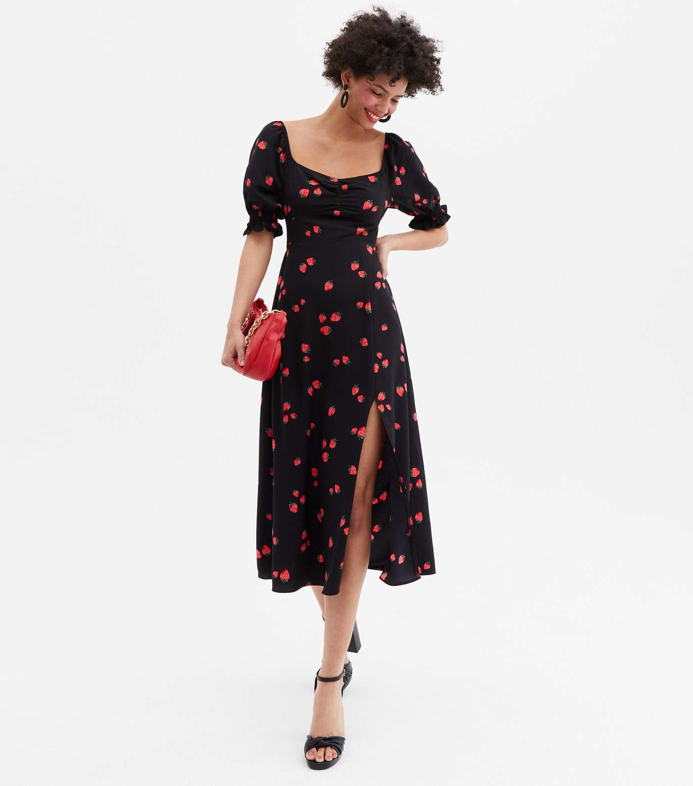Black Strawberry Ruched Front Tie Back Midi Dress Image 4