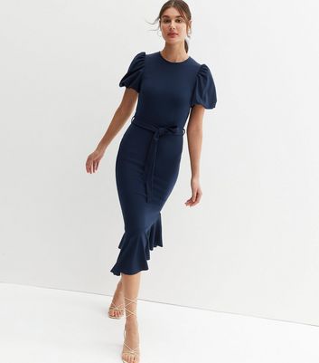 Navy Scuba Crepe Puff Sleeve Belted Midi Dress