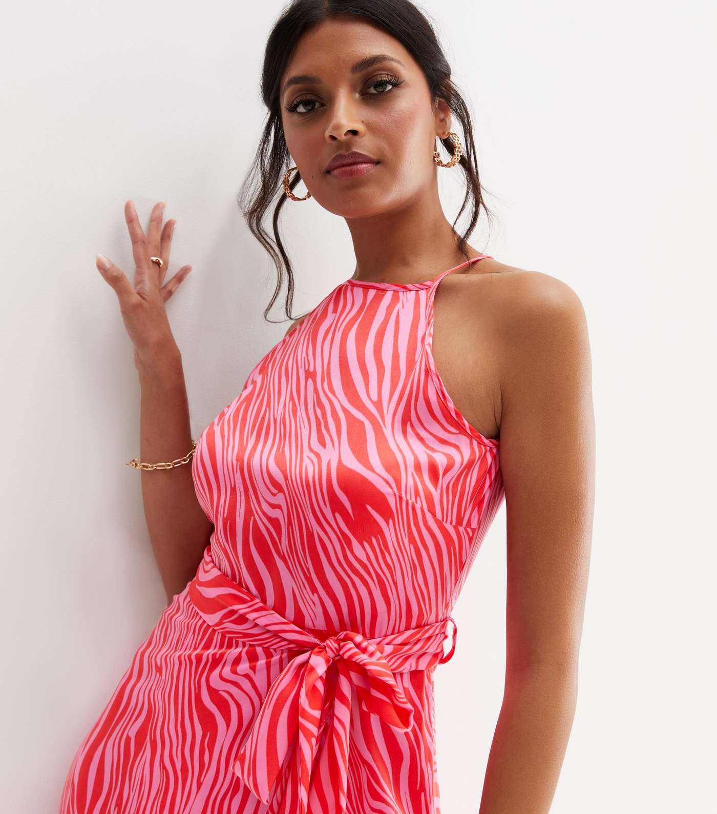 Pink Zebra Print Satin Ruffle Tie Waist Midi Dress Image 2