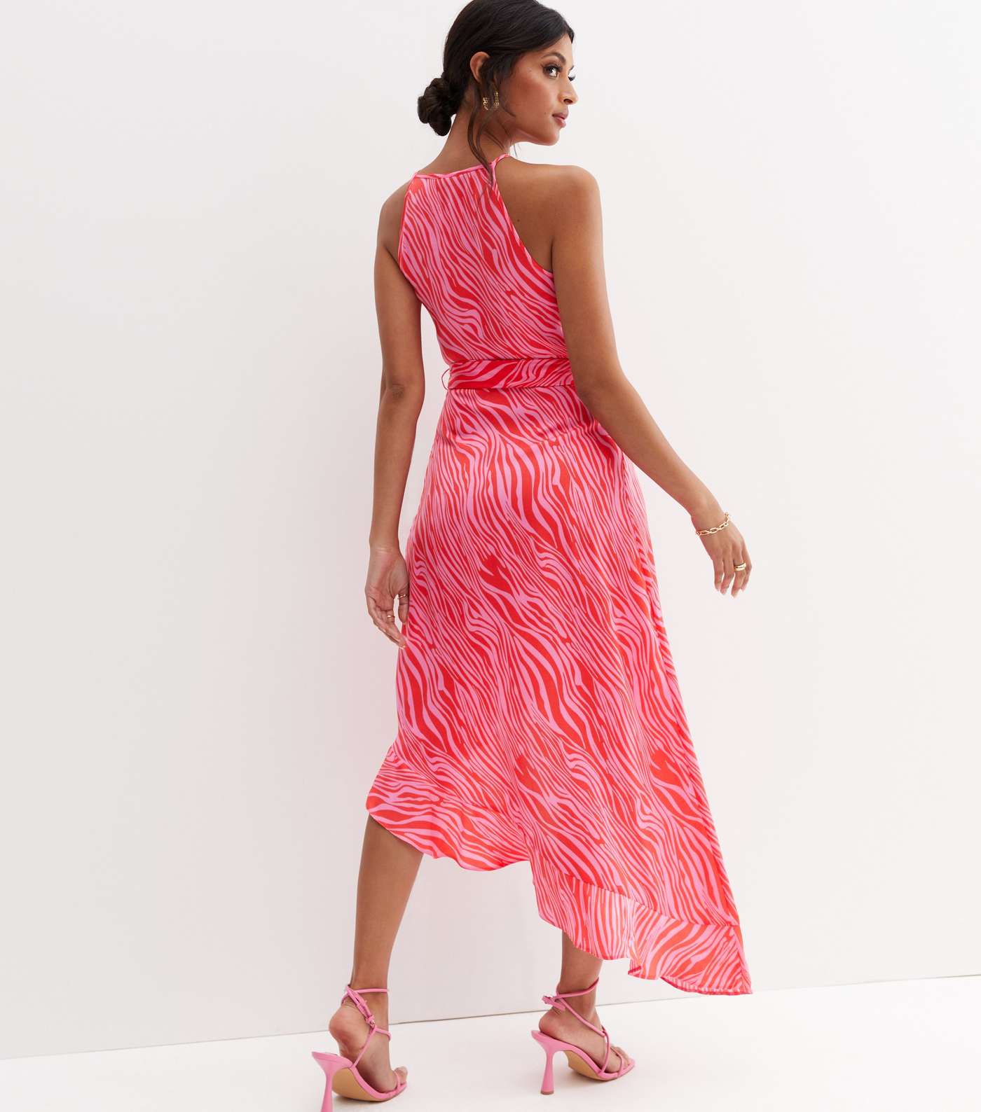 Pink Zebra Print Satin Ruffle Tie Waist Midi Dress Image 4