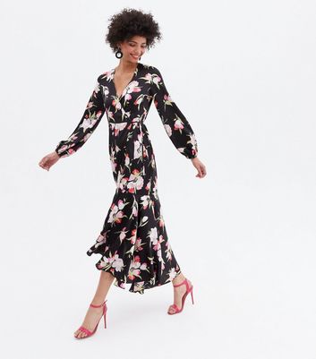 Click to view product details and reviews for Black Floral Satin Dip Hem Midi Wrap Dress New Look.
