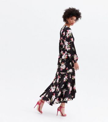 Black Floral Satin Dip Hem Midi Wrap Dress New Look