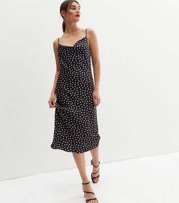 Click to view product details and reviews for Black Spot Satin Cowl Neck Strappy Midi Dress New Look.